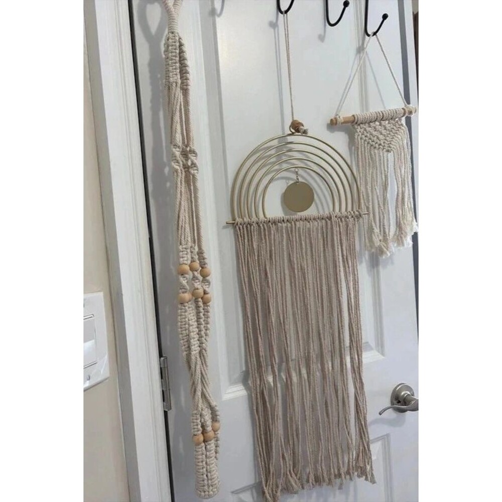 3pc Boho Wall Hanging Set Neutral Cream Rainbow Decor Tassel Plant Hanger